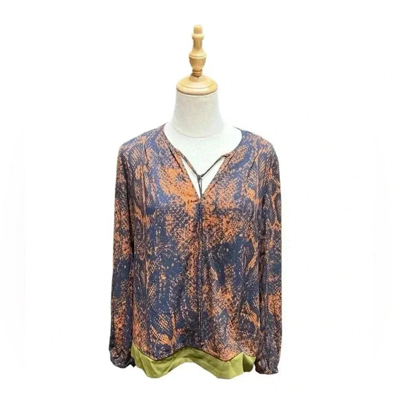 Cabi Python Print Border Wrap Blouse Navy Rust Olive Snakeskin Top Size S - Picture 2 of 6